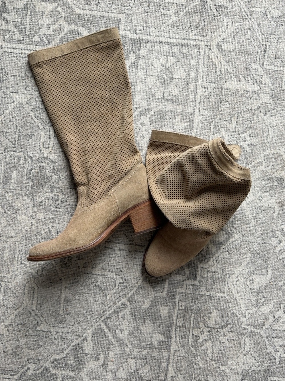 Vero Cuoio Perforated Suede Mid-Calf Heeled Boots in Tan